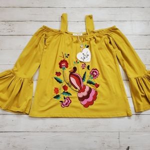 Nwt Vava joy han embroidered bird and flowers bell sleeve top boho off shoulder